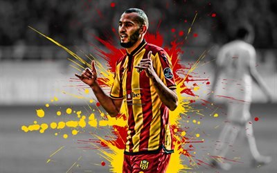 Khalid Boutaib, 4k, Moroccan football player, Yeni Malatyaspor, striker, red yellow paint splashes, creative art, Turkey, football, grunge