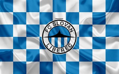 El FC Slovan Liberec, 4k, logotipo, creativo, arte, azul y blanco de la bandera a cuadros, checa club de f&#250;tbol, checa Primero de la Liga, con el emblema de la seda textura, Liberec, Rep&#250;blica checa, f&#250;tbol