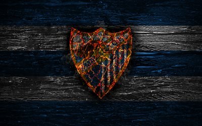 Malaga FC, fuoco, logo, Segunda, blu e bianco a righe, squadra di calcio spagnola, grunge, calcio, LaLiga2, Malaga, di legno, texture, Malaga CF, Spagna