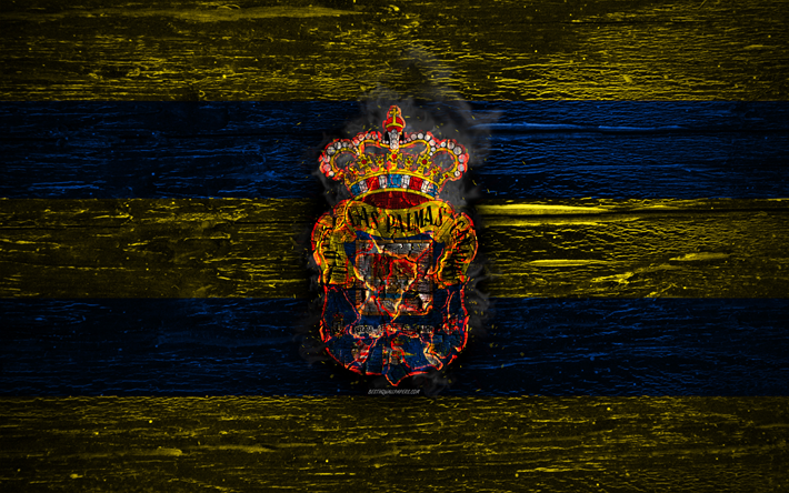 Las Palmas FC, fire logo, Segunda, yellow and blue lines, spanish football club, grunge, football, soccer, LaLiga2, Las Palmas logo, wooden texture, UD Las Palmas, Spain