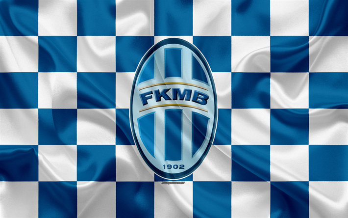 FK Mlada Boleslav, 4k, logotipo, creativo, arte, azul y blanco de la bandera a cuadros, checa club de f&#250;tbol, checa Primero de la Liga, con el emblema de la seda textura, Jungbunzlau, Rep&#250;blica checa, f&#250;tbol