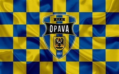 SFC Opava, 4k, logo, arte criativa, azul amarelo bandeira quadriculada, Checa futebol clube, Checa Primeira Liga, textura de seda, Opava, Rep&#250;blica Checa, futebol