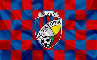 O FC Viktoria Plzen, 4k, logo, arte criativa, vermelho azul bandeira quadriculada, Checa futebol clube, Checa Primeira Liga, textura de seda, Plzen, Rep&#250;blica Checa, futebol