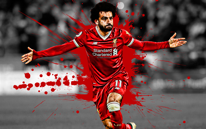 Mohamed Salah, 4k, Egipcio, jugador de f&#250;tbol, el Liverpool FC, el delantero, rojo gotas de pintura, arte creativo, de la Premier League, Inglaterra, el f&#250;tbol, el grunge, el Mo Salah