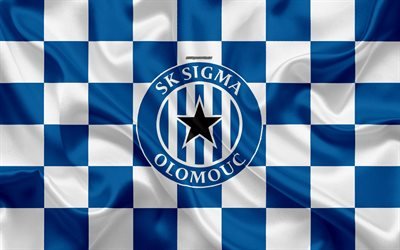 SK Sigma Olomouc, 4k, logotipo, arte creativo, blanco azul de la bandera a cuadros, checa club de f&#250;tbol, checa Primero de la Liga, con el emblema de la seda textura, Olomouc, Rep&#250;blica checa, f&#250;tbol