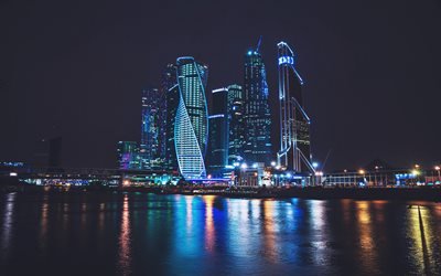 Gece Moskova Şehir, modern binalar, nightscapes, şehir, Rusya, Moskova Şehir, g&#246;kdelenler, Moskova