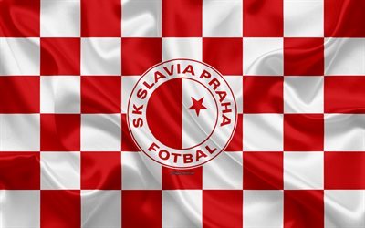 SK Slavia Prague, 4k, logo, creative art, white red checkered flag, Czech football club, Czech First League, silk texture, Prague, Czech Republic, football