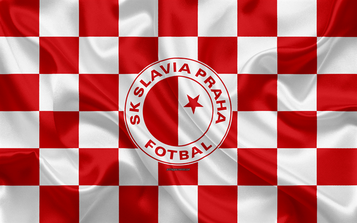 SK Slavia Praha, 4k, logo, creative art, valkoinen punainen ruudullinen lippu, Tšekin football club, Tšekki Ensin Liigan, silkki tekstuuri, Praha, Tšekin Tasavalta, jalkapallo