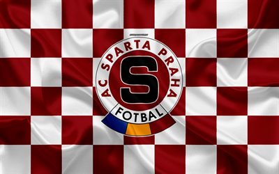 AC Sparta Prag, 4k, logo, yaratıcı sanat, bordo beyaz damalı bayrak, &#199;ek Futbol Kul&#252;b&#252;, &#199;ek Birinci Ligi, ipek doku, Prag, &#199;ek Cumhuriyeti, futbol