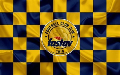 FC Fastav Zlin, 4k, logo, creative art, yellow blue checkered flag, Czech football club, Czech First League, silk texture, Zlin, Czech Republic, football
