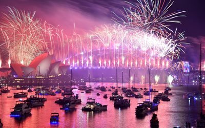 Sydney harbour Bridge, capodanno, fuochi d&#39;artificio, Australia, navi, barche, vacanze