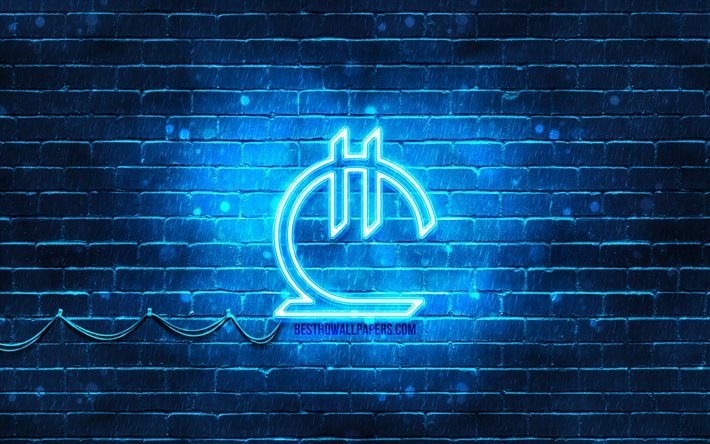 Georgian lari neon icon, 4k, blue background, currency, neon symbols, Georgian lari, neon icons, Georgian lari sign, currency signs, Georgian lari icon, currency icons