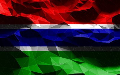 4k, drapeau gambien, art low poly, pays africains, symboles nationaux, drapeau de la Gambie, drapeaux 3D, Gambie, Afrique, drapeau 3D de la Gambie