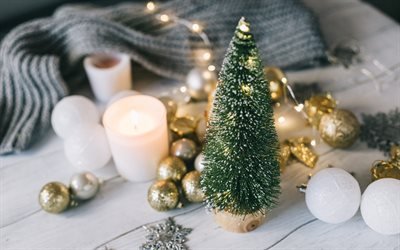 Christmas little tree, Christmas evening, golden Christmas balls, winter