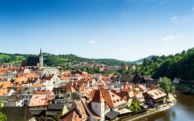 cesky krumlov, morgen, sommer, stadtbild, cesky krumlov panorama, tschechische republik