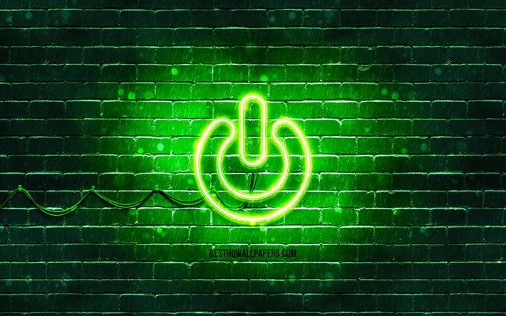 رمز الطاقة النيون, 4 ك, خلفية خضراء, رموز النيون, قوة, أيقونات النيون, علامة القوة, لافتات الكمبيوتر, رمز الطاقة, أيقونات الكمبيوتر