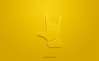 صخرة اليد رمز 3D, ـ خلفية صفراء :, رموز ثلاثية الأبعاد, روك هاند, رموز علامات اليد, أيقونات ثلاثية الأبعاد, علامة اليد الصخرية, علامات اليد الرموز 3D