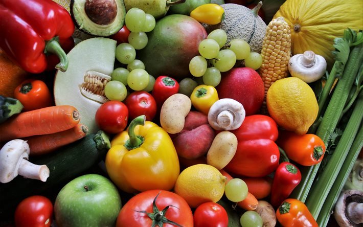 verdure diverse, sfondo con verdure, peperoni, cavoli, pomodori, funghi, concetti di dieta, verdure