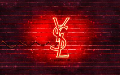 Logo rosso di Yves Saint Laurent, 4k, muro di mattoni rossi, logo di Yves Saint Laurent, marchi di moda, logo al neon di Yves Saint Laurent, Yves Saint Laurent