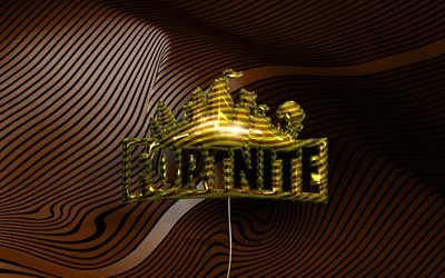 Fortnite3Dロゴ, 4K, フォートナイトバトルロワイヤル, 金色のリアルな風船, Fortniteロゴ, 茶色の波状の背景, フォートナイト