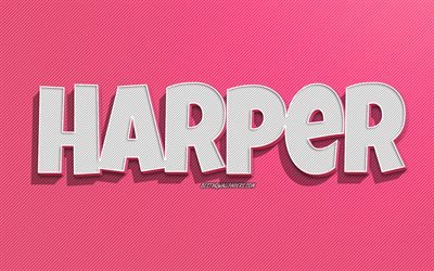 Harper, pink lines background, wallpapers with names, Harper name, female names, Harper greeting card, line art, picture with Harper name