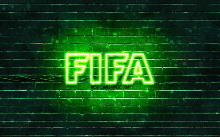 FIFAグリーンロゴ, 4k, 緑のブリックウォール, FIFAロゴ, サッカーシミュレーター, FIFAネオンロゴ, 国際サッカー連盟