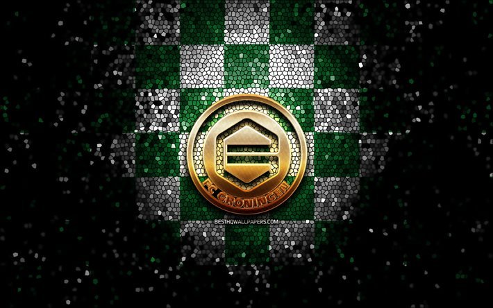 FC Groningen, glitter logo, Eredivisie, green white checkered background, soccer, Dutch football club, FC Groningen logo, mosaic art, football, Groningen FC