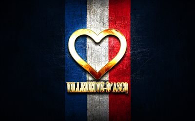 I Love Villeneuve-dAscq, french cities, golden inscription, France, golden heart, Villeneuve-dAscq with flag, Villeneuve-dAscq, favorite cities, Love Villeneuve-dAscq