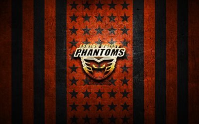 علم Lehigh Valley Phantoms, AHL, خلفية معدنية سوداء برتقالية, فريق الهوكي الأمريكي, شعار Lehigh Valley Phantoms, الولايات المتحدة الأمريكية, الهوكي, الشعار الذهبي, ليهاي فالي فانتومز