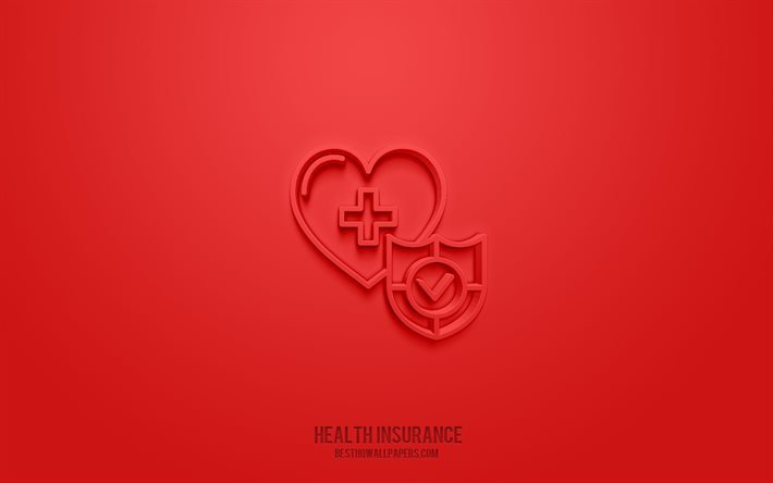 健康保険の3Dアイコン, 赤い背景, 3Dシンボル, 健康保険, 保険アイコン, 3D图标, 保険の3Dアイコン