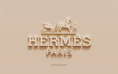 Logo Hermes, sfondo in gesso marrone, logo 3d Hermes, marchi, emblema Hermes, arte 3d, Hermes