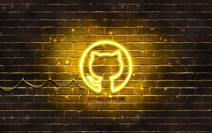 Github keltainen logo, 4k, keltainen tiilisein&#228;, Github-logo, sosiaaliset verkostot, Github-neon-logo, Github