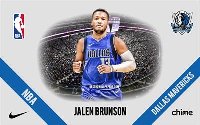 Jalen Brunson, Dallas Mavericks, amerikkalainen koripallopelaaja, NBA, muotokuva, USA, koripallo, American Airlines Center, Dallas Mavericks-logo