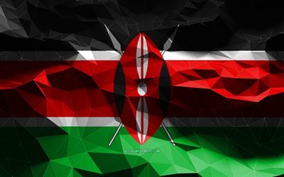 4k, De Kenyan bandeira, low poly arte, Pa&#237;ses da &#225;frica, s&#237;mbolos nacionais, Bandeira do Qu&#234;nia, 3D bandeiras, Qu&#234;nia, &#193;frica, Qu&#234;nia 3D bandeira, Qu&#234;nia bandeira