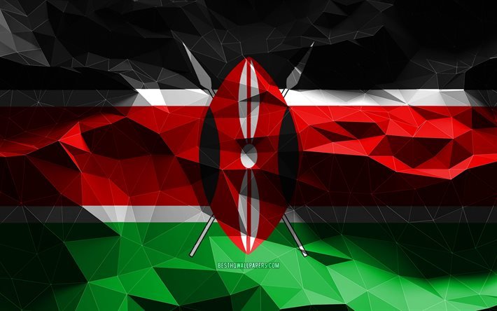 Kenya 4k, Kenya bayrak, d&#252;ş&#252;k poli sanat, Afrika &#252;lkeleri, ulusal semboller, Bayrak, 3D, bayraklar, Kenya, Afrika, Kenya 3D bayrağı, Kenya bayrağı