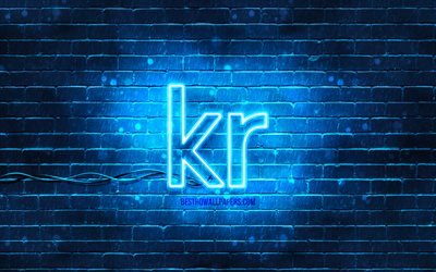 Norwegian krone neon icon, 4k, blue background, currency, neon symbols, Norwegian krone, neon icons, Norwegian krone sign, currency signs, Norwegian krone icon, currency icons