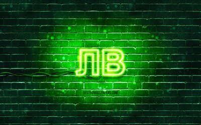 Bulgarian Lev neon icon, 4k, green background, currency, neon symbols, Bulgarian Lev, neon icons, Bulgarian Lev sign, currency signs, Bulgarian Lev icon, currency icons