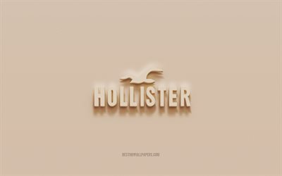Logo Hollister, sfondo marrone in gesso, logo Hollister 3d, marchi, emblema Hollister, arte 3d, Hollister