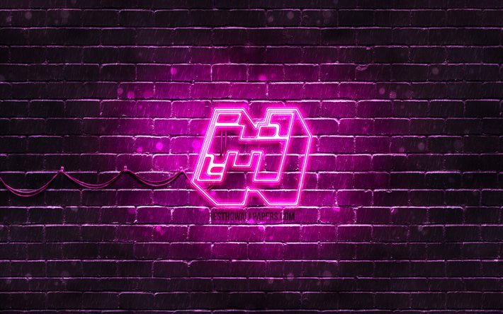 Minecraft purple logo, 4k, purple brickwall, Minecraft logo, 2020 games, Minecraft neon logo, Minecraft