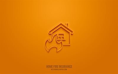 Fire insurance 3d icon, orange background, 3d symbols, Fire insurance, insurance icons, 3d icons, Fire insurance sign, insurance 3d icons