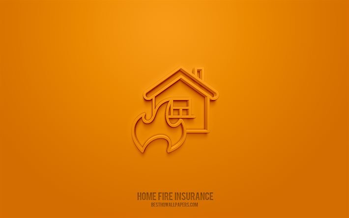Icona 3d di assicurazione contro gli incendi, sfondo arancione, simboli 3d, assicurazione contro gli incendi, icone di assicurazione, icone 3d, segno di assicurazione contro gli incendi, icone 3d di assicurazione
