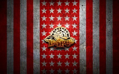 RockfordIceHogsフラグ, Hurst病, 赤いホワイトメタルの背景, アメリカのホッケーチーム, RockfordIceHogsロゴ, 米国, ホッケー, 黄金のロゴ, Rockford IceHogs