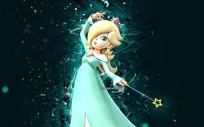Rosalina, 4k, princesa dos desenhos animados, luzes de n&#233;on azuis, Super Mario, criativa, personagens do Super Mario, Super Mario Bros, Rosalina Super Mario