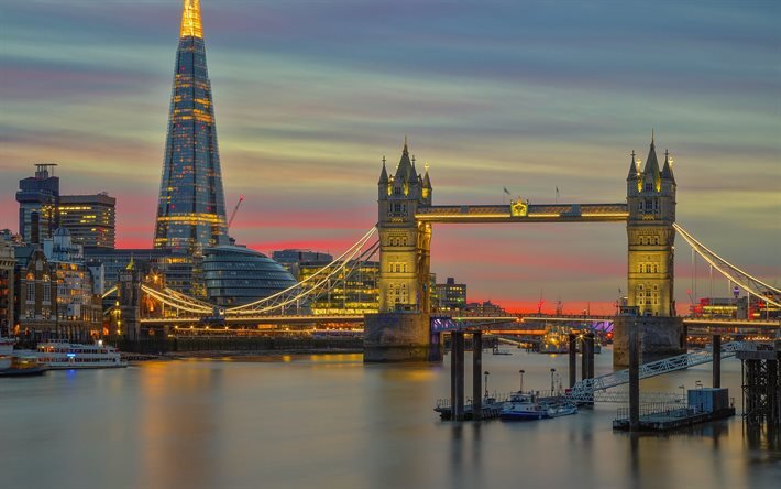 Tower Bridge, Londra, Shard London Bridge, ponte sospeso, sera, Tamigi, paesaggio urbano di Londra, grattacieli di Londra, Inghilterra
