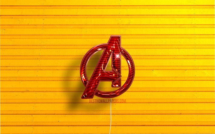 Avengers-logotyp, 4K, r&#246;da realistiska ballonger, superhj&#228;ltar, Avengers 3D-logotyp, gula tr&#228;bakgrunder, Avengers