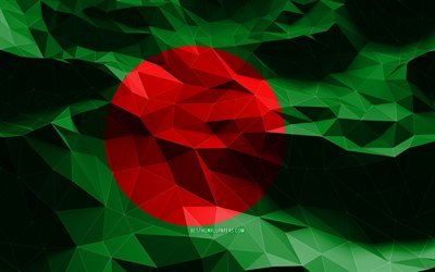 4k, Bangladeshin lippu, matala poly-taide, Aasian maat, kansalliset symbolit, 3D-liput, Bangladesh, Aasia, Bangladeshin 3D-lippu
