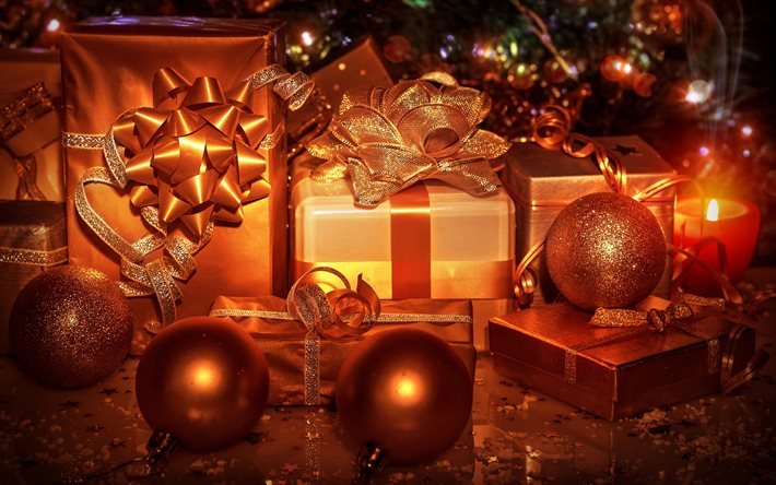 4k, scatole regalo in bronzo, orpelli in bronzo, felice anno nuovo, decorazioni natalizie, scatole regalo, buon Natale, concetti di Capodanno