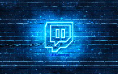 twitch blaues logo, 4k, blaue backsteinmauer, twitch logo, soziale netzwerke, twitch neon logo, twitch