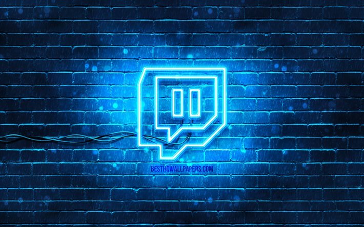 Logotipo do Twitch azul, 4k, parede de tijolos azul, logotipo do Twitch, redes sociais, logotipo do Twitch neon, Twitch