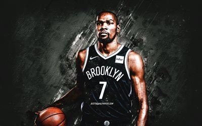 Kevin Durant, NBA, Brooklyn Nets, amerikkalainen koripalloilija, muotokuva, harmaa kivi tausta, koripallo, Kansallinen koripalloliitto